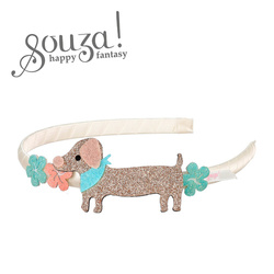 Souza! Opaska z brokatowymi kwiatkami i jamnikiem Puck