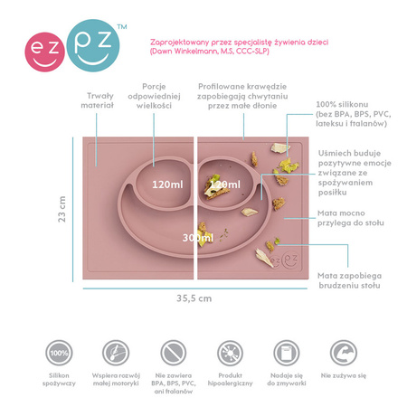 EZPZ Silikonowy talerzyk z podkładką 2w1 Happy Mat + GRATIS komplet silikonowych sztućców pastelowy róż