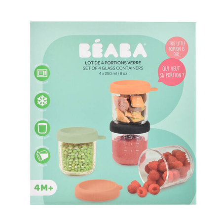 BEABA Zestaw pojemników słoiczków szklanych z zamknięciem 4 x 250 ml Sunrise color mix