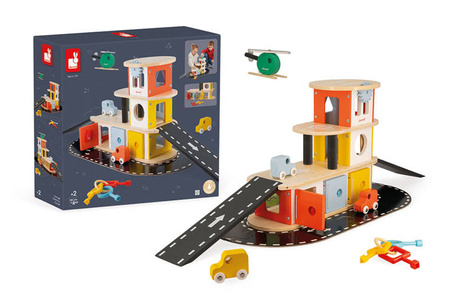 Janod Drewniany garaż piętrowy z 4 akcesoriami Bolid 2+