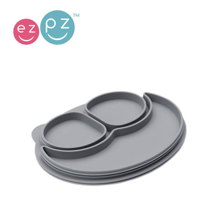 EZPZ Silikonowy talerzyk z podkładką mały 2w1 Mini Mat pastelowa szarość + pokrywka GRATIS szara