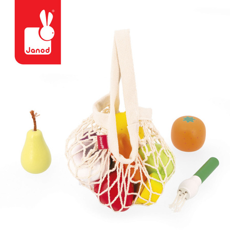 Janod Zestaw drewnianych warzyw i owoców w siatce 12 el. Shiny Grandma 3+
