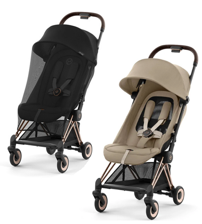 Cybex Coya Wózek Spacerowy Rama Rosegold Black Cozy Beige + Cybex Coya Moskitiera Black