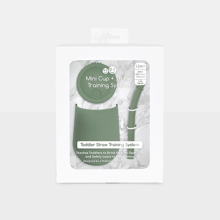 EZPZ Silikonowy kubeczek ze słomką Mini Cup + Straw Training System 120 ml oliwkowy + 2 słomki GRATIS pastelowa zieleń
