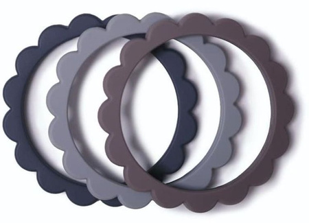 Mushie 3 Gryzaki Silikonowe Bransoletki FLOWER  Dove Gray & Steel & Stone