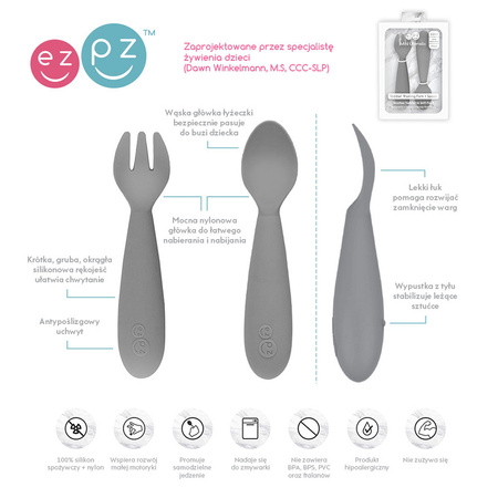 EZPZ Silikonowy talerzyk z podkładką 2w1 Happy Mat + GRATIS komplet silikonowych sztućców szary