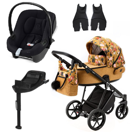 Adamex Porto Wózek Głęboko-Spacerowy 2w1 Flowers FL-3 + Cybex Aton B2 i-Size Fotelik 0-13kg + Baza + Adaptery