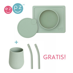 EZPZ SIlikonowa miseczka z podkładką 2w1 Mini Bowl z pokrywką  + GRATIS silikonowy kubeczej Mini Cup 120ml z 2 słomkami pastelowa zieleń