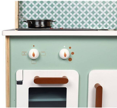 Janod Dwustronna Drewniana Kuchnia z Pralką 2w1 z Dźwiękiem, Światłem Led i 8 Akcesoriami