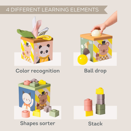 Taf Toys Pojemnik Zabawa i Odkrywanie Sensoryczna Kostka Edukacyjna 12m+ z chustkami