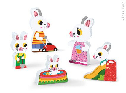 Janod Układanka drewniana 3D Rodzina króliczków w ogrodzie