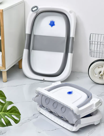 Primabobo Compact Wanienka Składana z Poduszką, Korkiem Sensorycznym i Termometrem Elektronicznym Szara