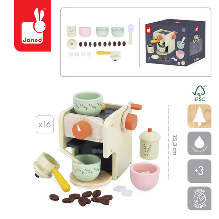 Janod Drewniany ekspres ciśnieniowy do kawy z akcesoriami Shiny Grandma 3+