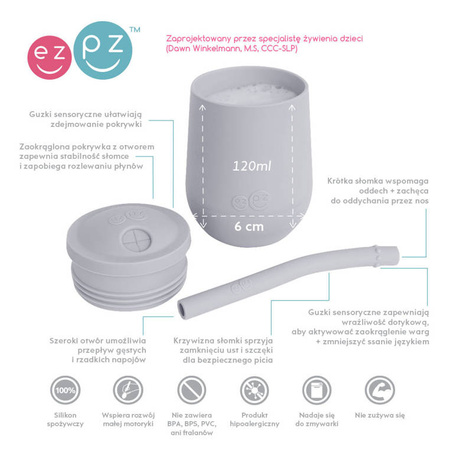 EZPZ Silikonowy kubeczek ze słomką Mini Cup + Straw Training System 120 ml + 2 słomki GRATIS pastelowa szarość