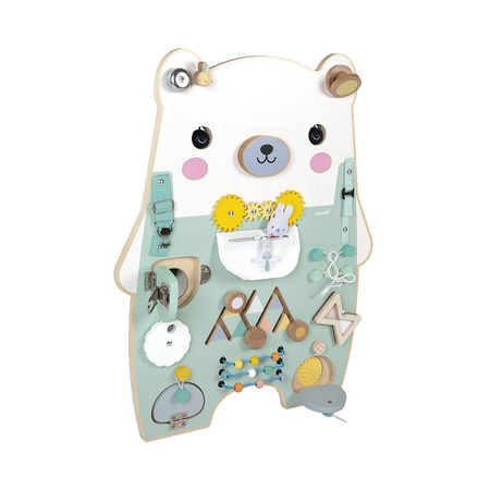 Janod Duża drewniana tablica manipulacyjna 20 aktywności Miś Pure 18m+