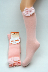 Milusie Podkolanówki Bawełniane Siateczka z Puszystą Kokardą Rozmiar: 24-27 Łososiowe