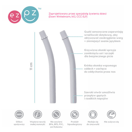 EZPZ Silikonowa miseczka z podkładką 2w1 Mini Bowl + GRATIS silikonowy kubeczek Mini Cup 120ml z 2 słomkami  pastelowa szarość