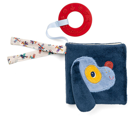 Lilliputiens Mini-książeczka wielofunkcyjna z szeleszczącą folią i gryzakiem Piesek Jules 6 m+