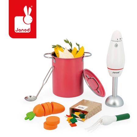 Janod Zestaw do gotowania zupy z drewnianym blenderem i akcesoriami 3+