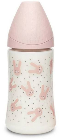 Suavinex Butelka 270ml Premium smoczek okrągły silikonowy 3 przepływowy  Królik różowy  Hygge Baby