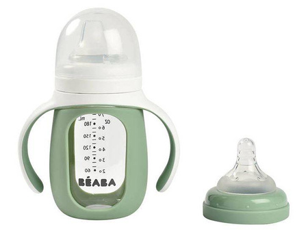 Beaba Szklana Butelka Treningowa w Silikonowej Osłonce 2w1 210 ml Sage Green