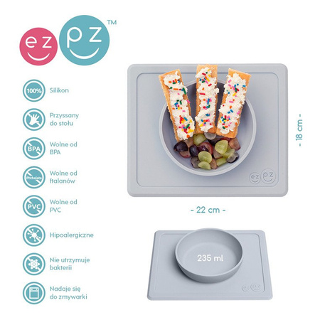 EZPZ Silikonowa miseczka z podkładką 2w1 Mini Bowl + GRATIS silikonowy kubeczek Mini Cup 120ml z 2 słomkami  pastelowa szarość