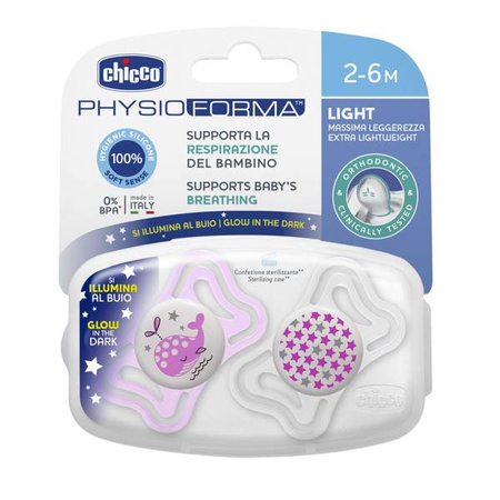 Chicco PhysioForma Light Smoczek Uspokajający Silikonowy Lumi 2szt. 2-6m 