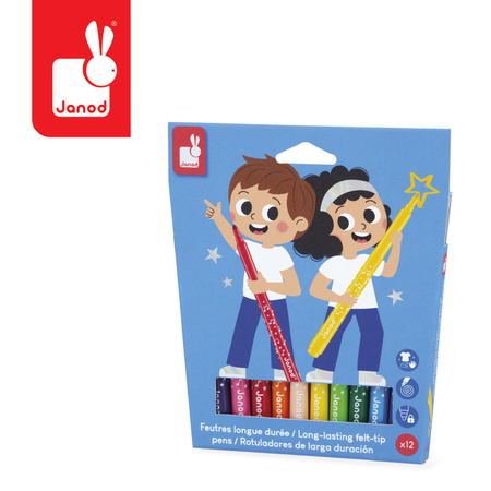 Janod Flamastry pisaki z filcową końcówką 12 kolorów 3+