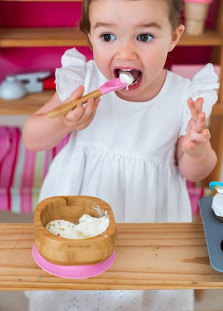 Ecorascals Miseczka Bambusowa głęboka z przyssawką i łyżeczką 250 ml Różowa
