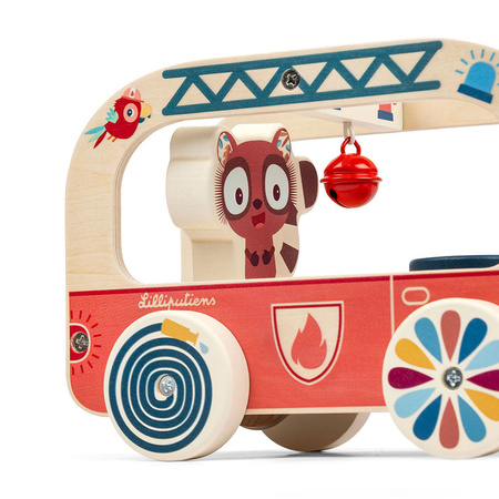 Lilliputiens Drewniany wózek do ciągnięcia Wóz strażacki Lew Jack 12 m+