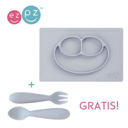 EZPZ Silikonowy talerzyk z podkładką 2w1 Happy Mat + GRATIS komplet silikonowych sztućców pastelowa szarość