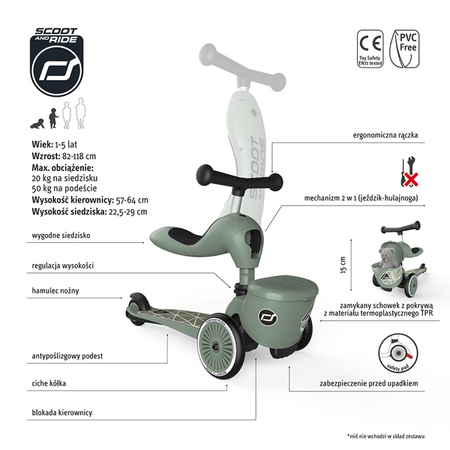 Scootandride Highwaykick 1 Lifestyle 2w1 Jeżdzik i Hulajnoga Trójkołowa z Zamykanym Schowkiem 1-5 lat Green Lines