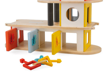 Janod Drewniany garaż piętrowy z 4 akcesoriami Bolid 2+