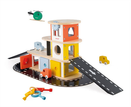 Janod Drewniany garaż piętrowy z 4 akcesoriami Bolid 2+