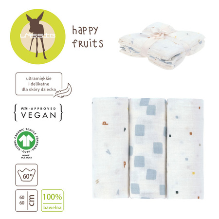 Lassig Muślinowa pieluszka otulacz z bawełny organicznej Zestaw 3 szt. 60x60cm Happy Fruits blue