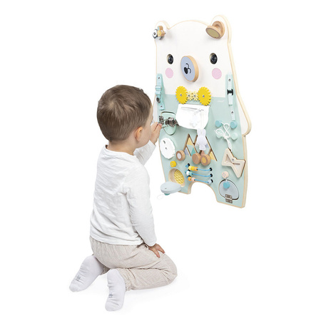Janod Duża drewniana tablica manipulacyjna 20 aktywności Miś Pure 18m+