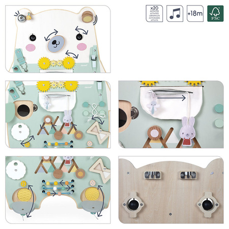 Janod Duża drewniana tablica manipulacyjna 20 aktywności Miś Pure 18m+