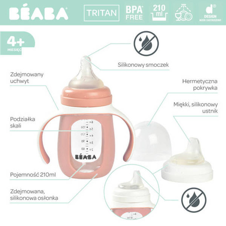 Beaba Szklana Butelka Treningowa w Silikonowej Osłonce 2w1 210 ml Old Pink