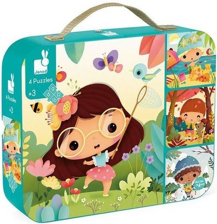 Janod Puzzle Progresywne W Walizce Pory Roku 4 Układanki – 6, 9, 12 I 16 Elementów 3+