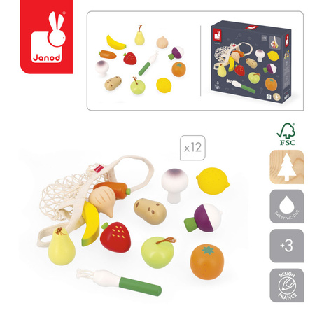 Janod Zestaw drewnianych warzyw i owoców w siatce 12 el. Shiny Grandma 3+