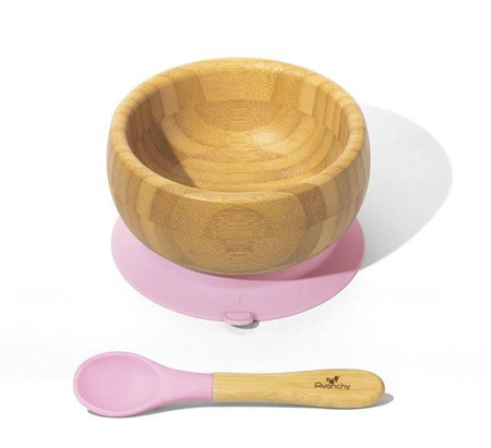 Avanchy Baby Bambusowa Miseczka z Przyssawką i Łyżeczką 4m+ Pink