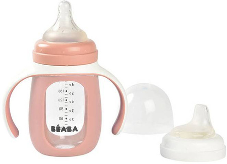 Beaba Szklana Butelka Treningowa w Silikonowej Osłonce 2w1 210 ml Old Pink