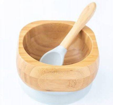 Ecorascals Miseczka Bambusowa Głęboka z Przyssawka i Łyżeczką Szara