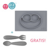 EZPZ Silikonowy talerzyk z podkładką 2w1 Happy Mat + GRATIS komplet silikonowych sztućców szary