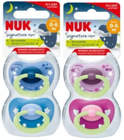 NUK Smoczek uspokajający silikonowy 0-6m-cy SIGNATURE NIGHT 2 szt.
