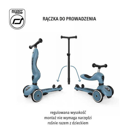 Scootandride Highwaykick 1 Push and Go 2w1 Jeździk i hulajnoga z rączką do prowadzenia 1-5 lat Steel + Kask