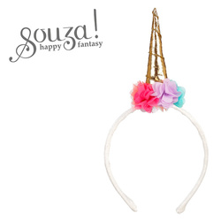 Souza! Opaska z tiulowymi kwiatkami i złotym rogiem jednorożca biała