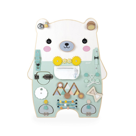 Janod Duża drewniana tablica manipulacyjna 20 aktywności Miś Pure 18m+