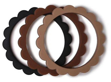 Mushie 3 Gryzaki Silikonowe Bransoletki FLOWER Black & Caramel & Natural