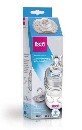 Lovi Zestaw Chroniący Odruch Ssania Butelka 250 ML + Smoczek Uspokajający 3-6 M 0/121